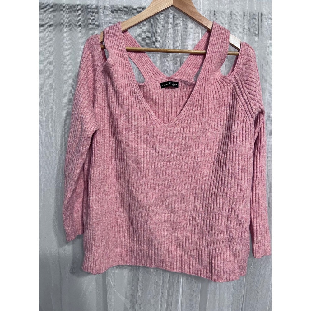 Emery Rose Pink Ribbed Coldβ Shoulder V-Neck Strappy Knit Sweater Womens 2XL